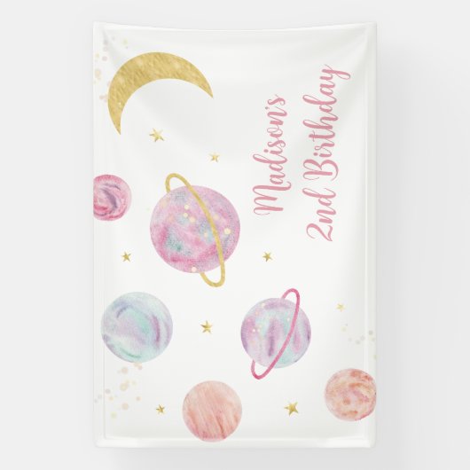 ピンクパステルツーザムーン宇宙誕生日 横断幕 (縦)