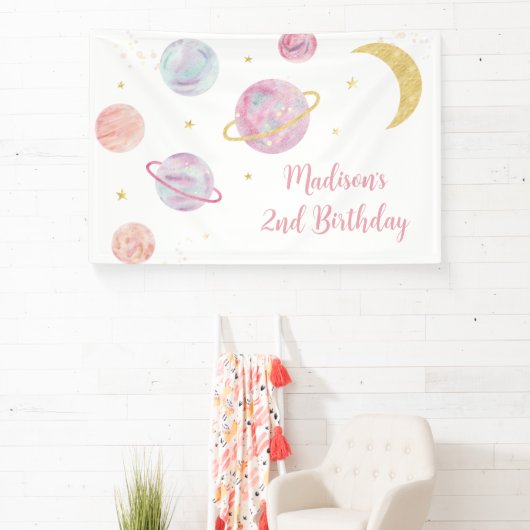 ピンクパステルツーザムーン宇宙誕生日 横断幕 (インサイチュ)