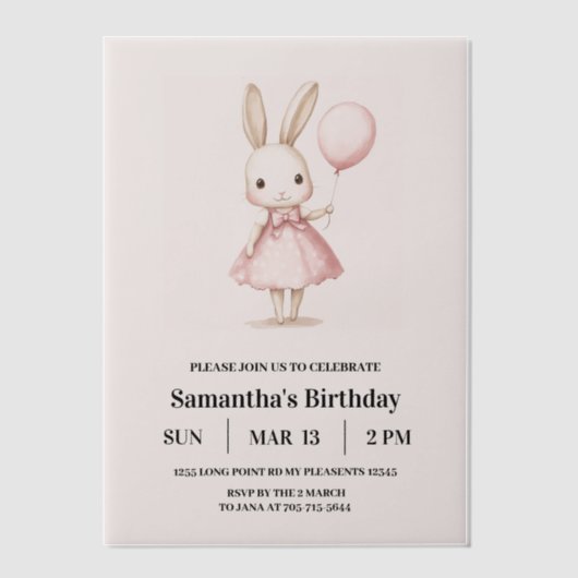 ピンクパステルバニーイースター子供の誕生日 ベラム紙招待状 (正面)