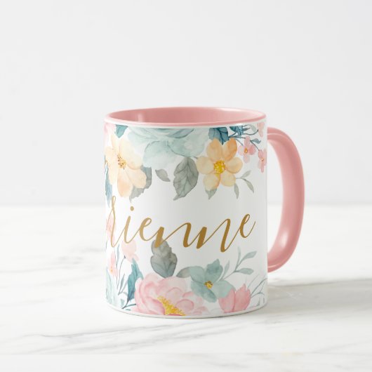 ピンクパステルフラワーズウォーター色フローラ追加の名前 マグカップ (正面右)