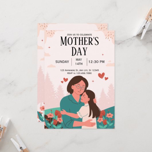 ピンクパステルフローラマザーズデイ招待状 招待状 (正面/裏面インサイチュ)
