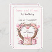 ピンクパステルフローラリースツインズファースト誕生日- 招待状 (正面/裏面)