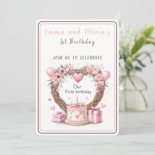 ピンクパステルフローラリースツインズファースト誕生日- 招待状 (スタンド正面)