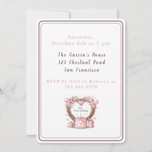 ピンクパステルフローラリースツインズファースト誕生日- 招待状 (裏面)