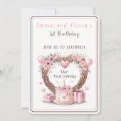 ピンクパステルフローラリースツインズファースト誕生日- 招待状 (正面)