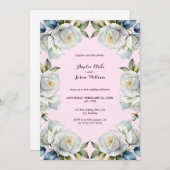 ピンクパステルホワイトローズ縁どフローラ結婚ズ 招待状 (正面/裏面)