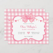 ピンクパステルボウタータンチェックベビーシャワー 招待状 (正面/裏面)