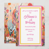 ピンクパステルユニコーン折り紙グリーティング 招待状 (正面/裏面)