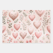 ピンクパステルラブハートとフローラ水彩 ラッピングペーパーシート (正面2)