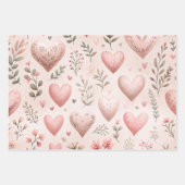 ピンクパステルラブハートとフローラ水彩 ラッピングペーパーシート (正面)