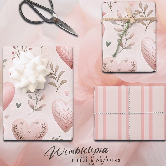 ピンクパステルラブハートとフローラ水彩 ラッピングペーパーシート