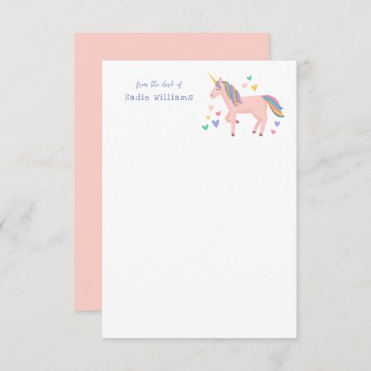 ピンクパステルレインボーユニコーンキッズパーソナルノート サンキューカード (正面/裏面)
