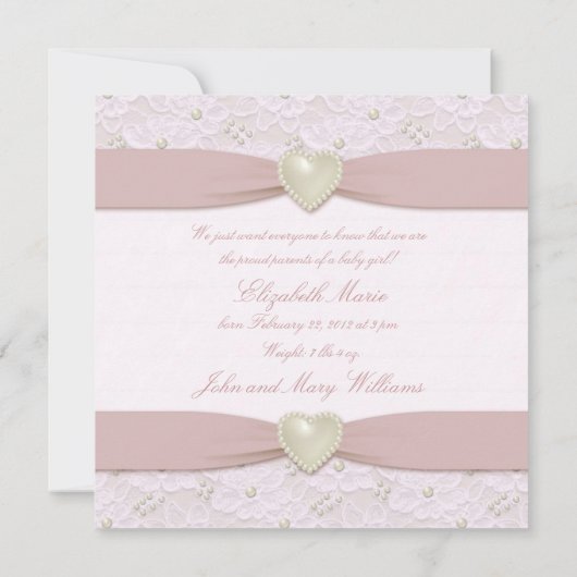 ピンクパステルレースパールベビー写真発表 案内状 (裏面)