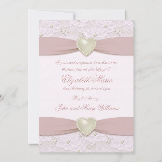 ピンクパステルレースパールベビー写真発表 案内状 (裏面)