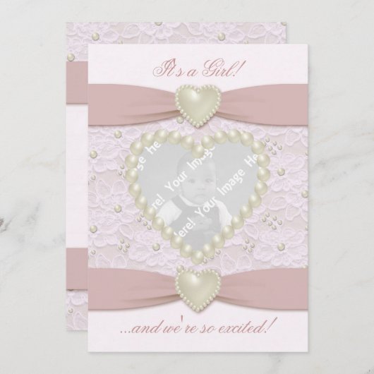 ピンクパステルレースパールベビー写真発表 案内状 (正面/裏面)
