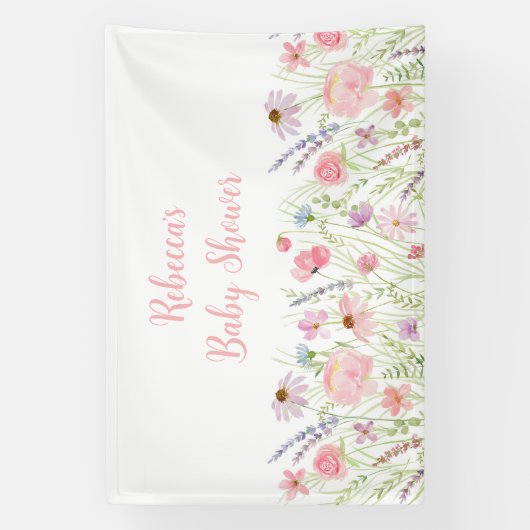 ピンクパステルワイルドフラワーメドウベビーシャワー 横断幕 (縦)