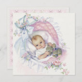 ピンクパステルヴィンテージベビーガールシャワー 招待状 (正面/裏面)