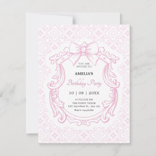 ピンクパステルヴィンテージ華美バウ誕生日 招待状 (正面)