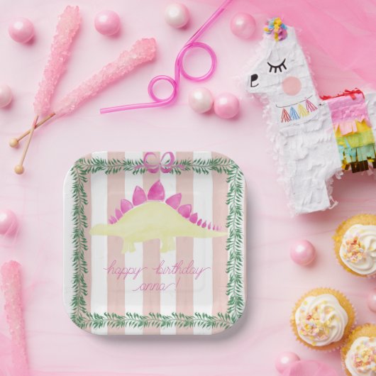 ピンクパステル恐竜バースデーパーティープレート ペーパープレート (パーティー)