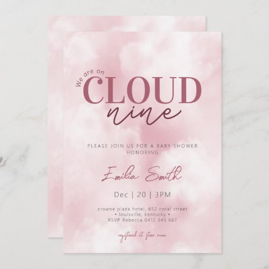 ピンクパステル我々はクラウド9ベビーシャワー上にある 招待状 (正面/裏面)