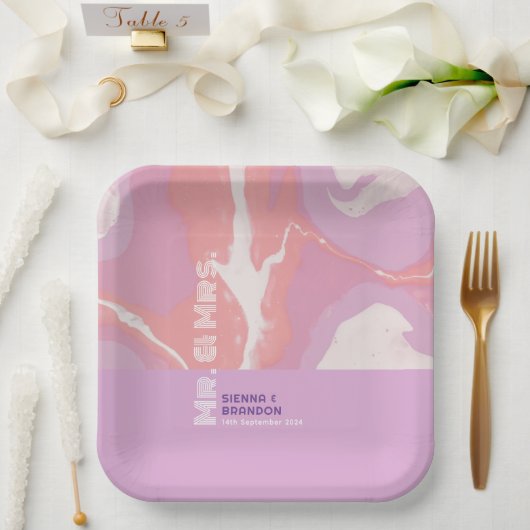 ピンクパステル抽象芸術結婚アート紙プレート ペーパープレート (ウェディング)