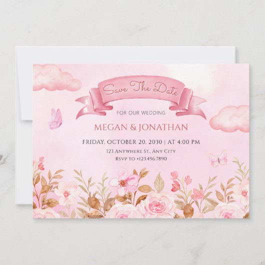 ピンクパステル水カラーフローラ庭園の結婚式 セーブザデート (正面)