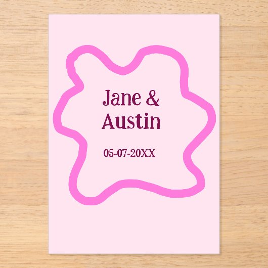 ピンクパステル結婚レトロ縁どのフレーム名の日付 アクリル招待状 (正面)