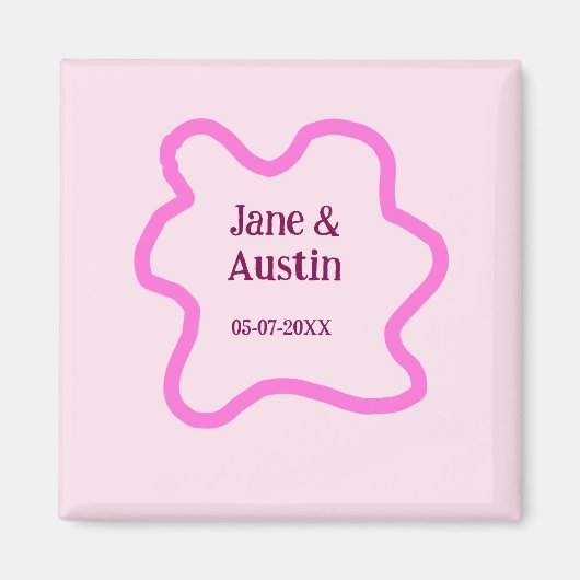 ピンクパステル結婚レトロ縁どのフレーム名の日付 マグネット (正面)