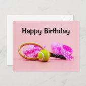 ピンクパステル誕生日ラケット付きテニスボール ポストカード (正面/裏面)