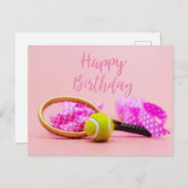 ピンクパステル誕生日ラケット付きテニスボール ポストカード (正面/裏面)