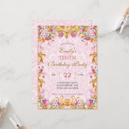 ピンクパステル金ゴールドテティッドバロックロココ誕生日 招待状