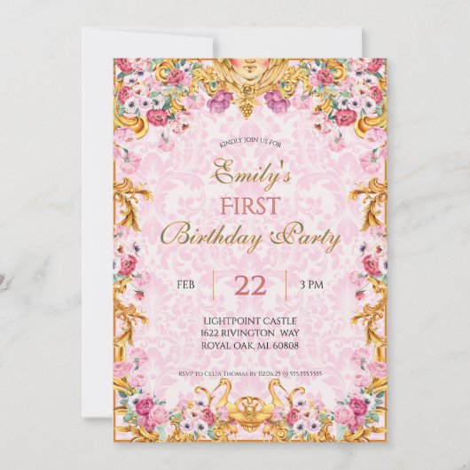 ピンクパステル金ゴールドファーストバロックロココ誕生日 招待状 (正面)