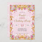 ピンクパステル金ゴールドファーストバロックロココ誕生日 招待状 (正面/裏面)