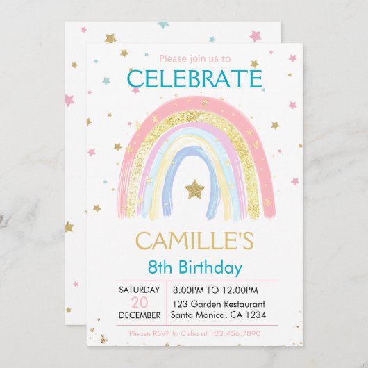 ピンクパステル金ゴールドレインボー 招待状 (正面/裏面)