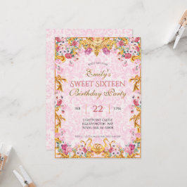 ピンクパステル金ゴールドSweet sixteenロココ誕生日 招待状