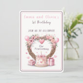 ピンクパステル フラワー リース ツインズ ファースト バースデー - 招待状 (スタンド正面)