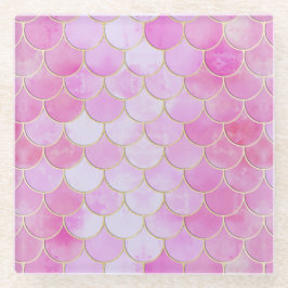 ピンクパステル&金ゴールドきらめくマーメイドスケールパターン ガラスコースター