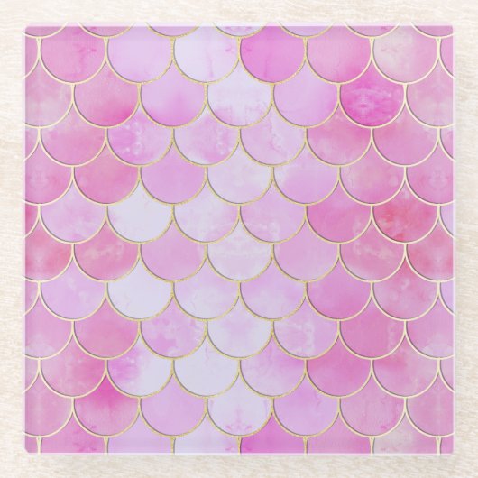 ピンクパステル&金ゴールドきらめくマーメイドスケールパターン ガラスコースター (正面)