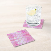 ピンクパステル&金ゴールドきらめくマーメイドスケールパターン スクエアペーパーコースター (インサイチュ)