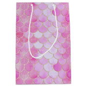 ピンクパステル&金ゴールドきらめくマーメイドスケールパターン ミディアムペーパーバッグ (正面)