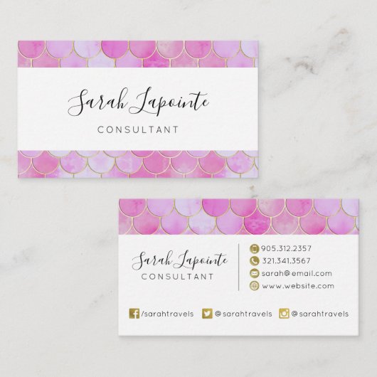 ピンクパステル&金ゴールドきらめくマーメイドスケールパターン 名刺 (正面/裏面)