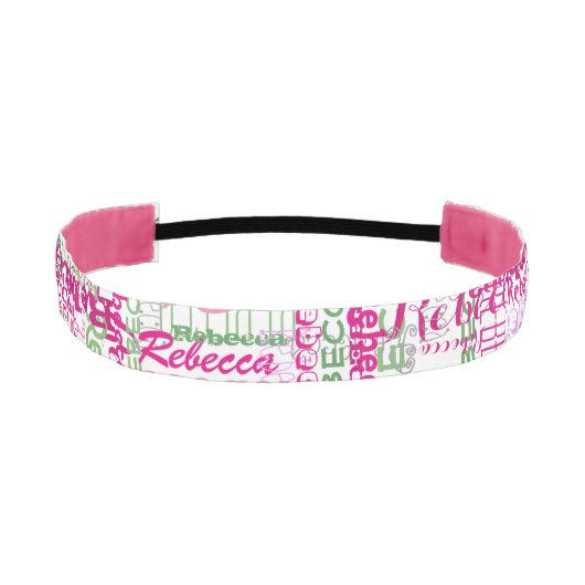 ピンクパターンおよびすべて緑のおもしろいの名前のコラージュ アスレチックヘッドバンド (正面)