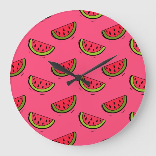 ピンクパターンの夏のスイカ ラージ壁時計 (正面)