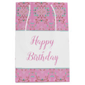 ピンクパターン（の模様が）ある抱き枕アクセント付きティール（緑がかった色） ミディアムペーパーバッグ (正面)