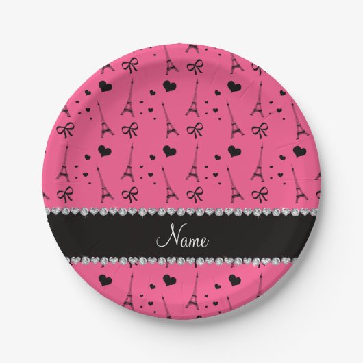 ピンクパパーソナライズされたリエッフェルタワーと名付ける ペーパープレート (正面)