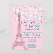 ピンクパリエッフェルタワーグリッターライツベビーシャワー 招待状 (正面/裏面)