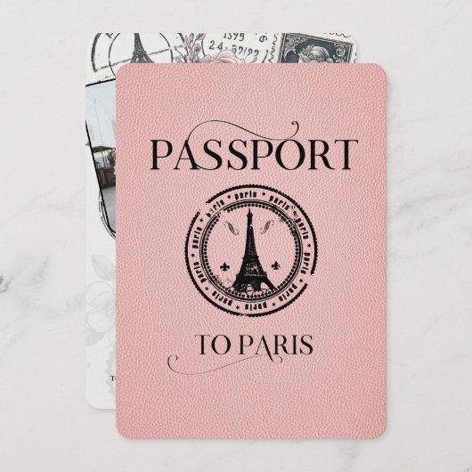 ピンクパリパスポートパーティー招待状 セーブザデート (正面/裏面)