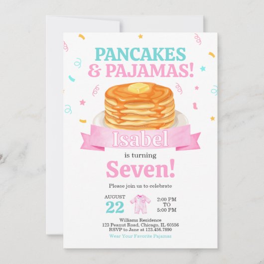 ピンクパンケーキ&パジャマ誕生日 招待状 (正面)