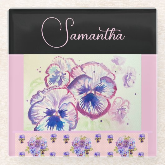 ピンクパンシーパンジー水彩花フローラアート ガラスコースター (正面)