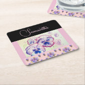 ピンクパンシーパンジー水彩花フローラアート スクエアペーパーコースター (アングル)